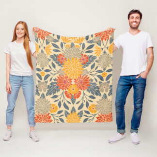 Warm Yellow, Orange & Blue Floral Fleece Blanket