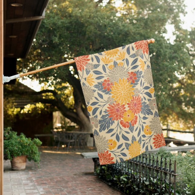 Warm Yellow, Orange & Blue Floral House Flag (In SItu)