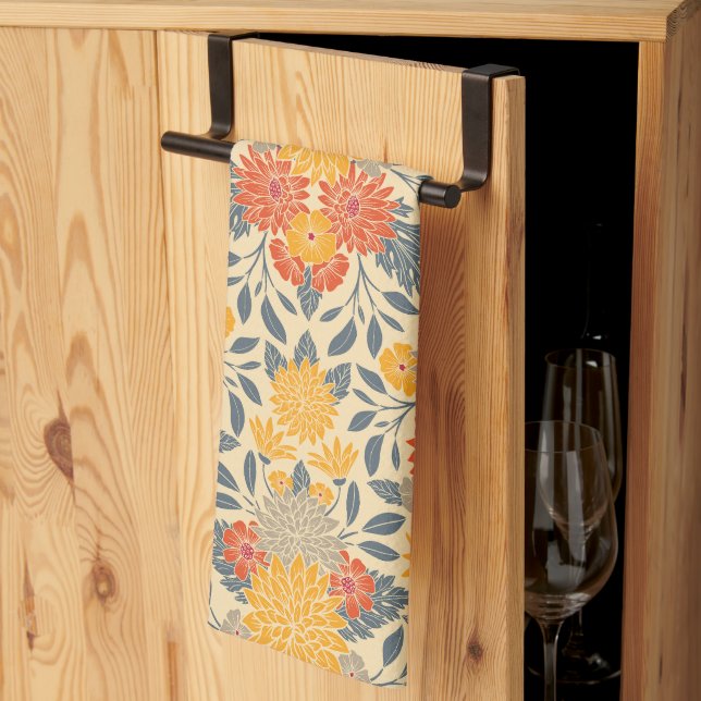 Warm Yellow, Orange & Blue Floral Kitchen Towel (Thirds Fold)