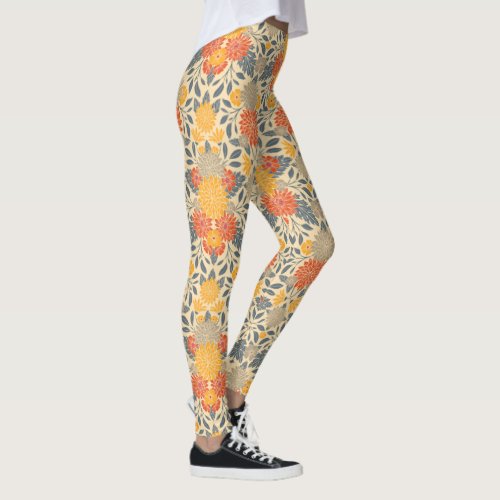 Warm Yellow Orange  Blue Floral Leggings