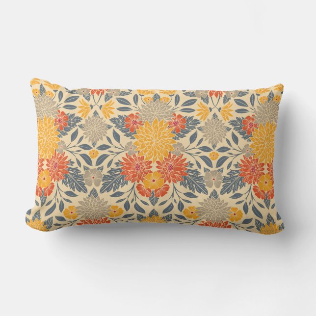 Warm Yellow, Orange & Blue Floral Lumbar Pillow (Front)