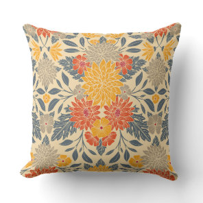 Warm Yellow, Orange & Blue Floral Throw Pillow