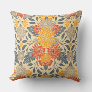 Warm Yellow, Orange & Blue Floral Throw Pillow