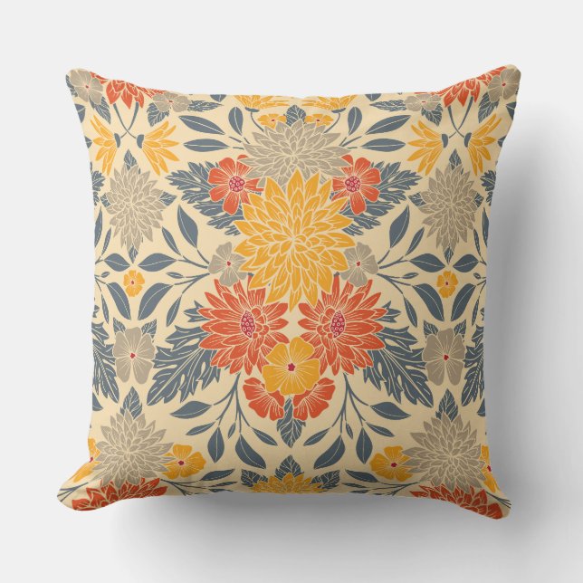 Warm Yellow, Orange & Blue Floral Throw Pillow (Front)