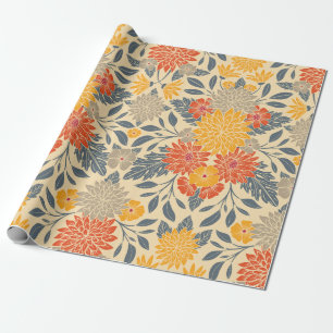 Warm Yellow, Orange & Blue Floral Wrapping Paper