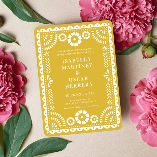 Warm Yellow Papel Picado Inspired Wedding Invitation