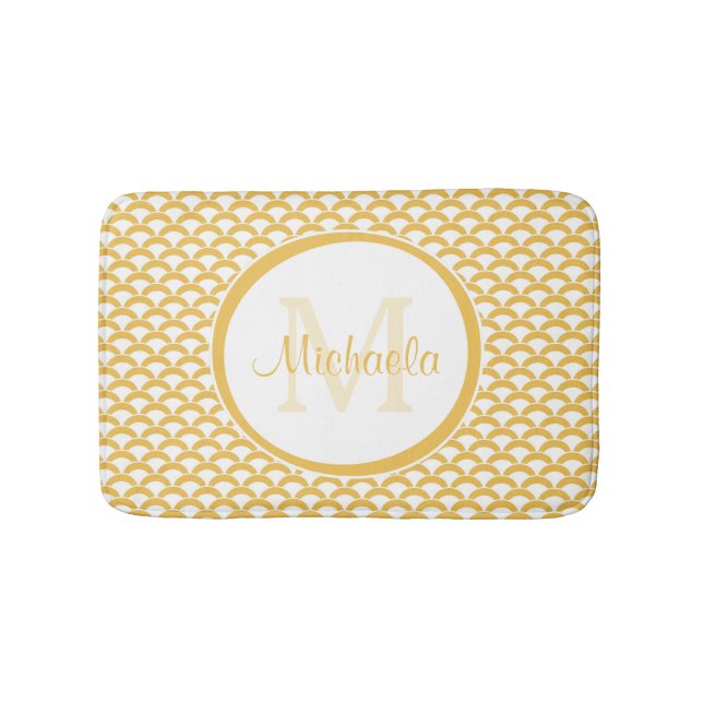 Warm Yellow Scallop Pattern Monogram Name Design Bath Mat (Front)