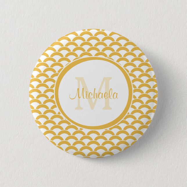 Warm Yellow Scallop Pattern Monogram Name Design Button (Front)