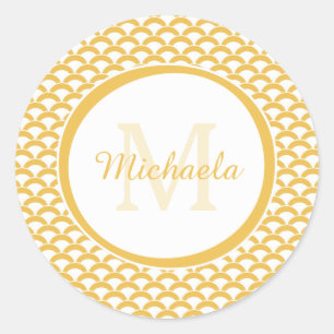 Warm Yellow Scallop Pattern Monogram Name Design Classic Round Sticker