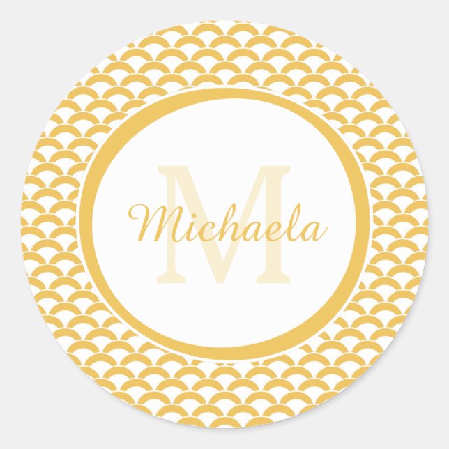 Warm Yellow Scallop Pattern Monogram Name Design Classic Round Sticker (Front)