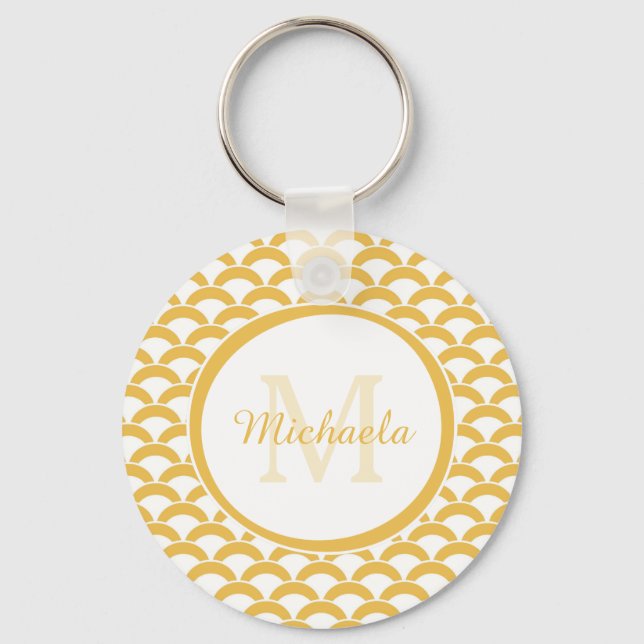 Warm Yellow Scallop Pattern Monogram Name Design Keychain (Front)