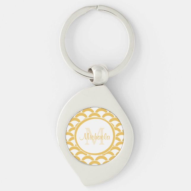 Warm Yellow Scallop Pattern Monogram Name Design Keychain (Front)