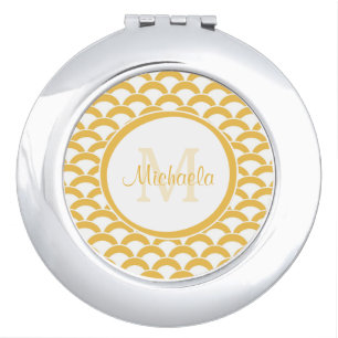Warm Yellow Scallop Pattern Monogram Name Design Makeup Mirror