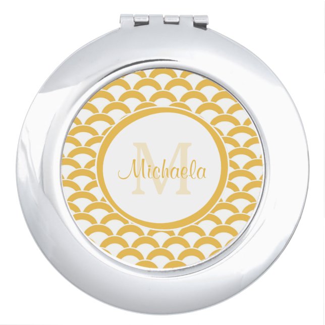 Warm Yellow Scallop Pattern Monogram Name Design Makeup Mirror (Front)