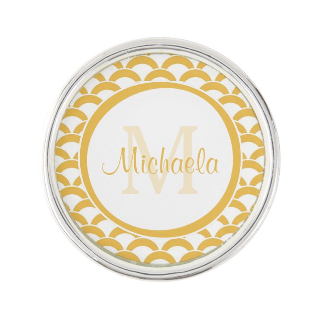 Warm Yellow Scallop Pattern Monogram Name Design Pin (Front)