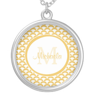 Warm Yellow Scallop Pattern Monogram Name Design Silver Plated Necklace