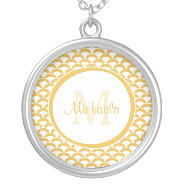 Warm Yellow Scallop Pattern Monogram Name Design Silver Plated Necklace (Front)