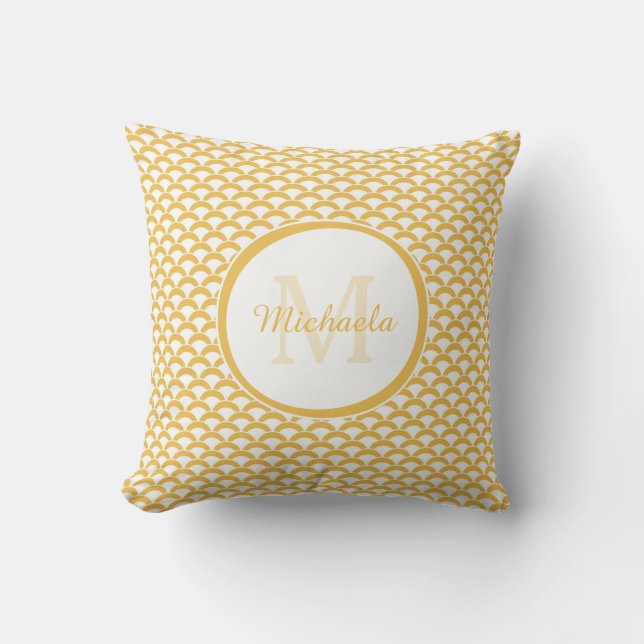 Warm Yellow Scallop Pattern Monogram Name Design Throw Pillow (Front)