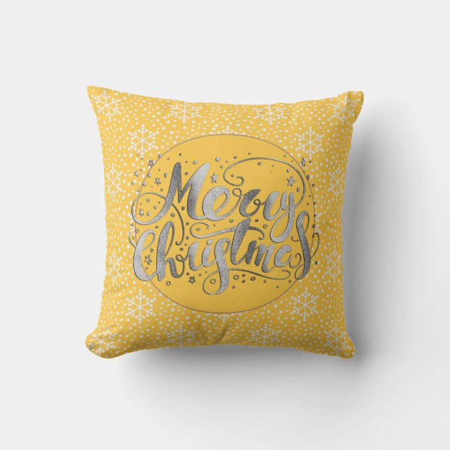 Warm Yellow Silver Merry Christmas White Snowflake Throw Pillow (Front)