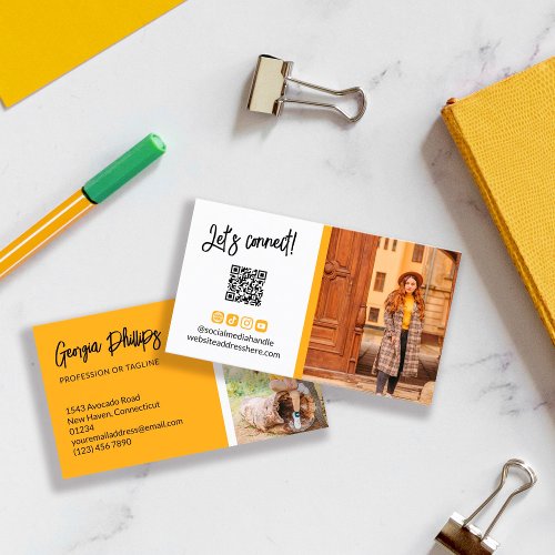 Warm Yellow Social Media Icons QR Code Photo Business Card