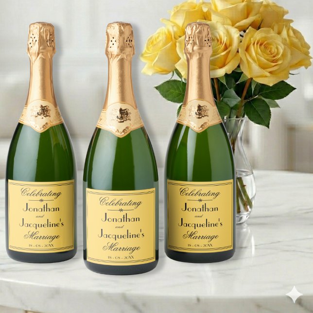 Warm Yellow Wedding Simple Elegant  Black Script Sparkling Wine Label (Ready for a celebration? Bright, joyful and warmly elegant.)