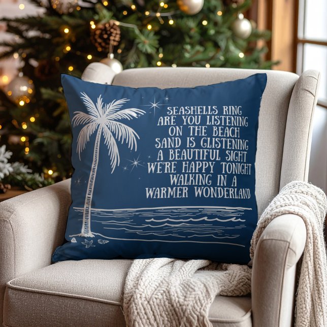 Warmer Wonderland Palm Tree Beach Christmas Throw Pillow (Creator Uploaded)
