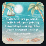 Warmer Wonderland Tropical Beach Christmas  Square Sticker<br><div class="desc">Tropical, whimsical Christmas stickers (or envelope seals) feature a moonlight beach with seashells and glistening sand, palm trees, and a ship sailing in the turquoise sea. The lyrics are to the tune of "Winter Wonderland" but with a tropical twist that says: "Seashells ring, are you listening? -- On the beach,...</div>
