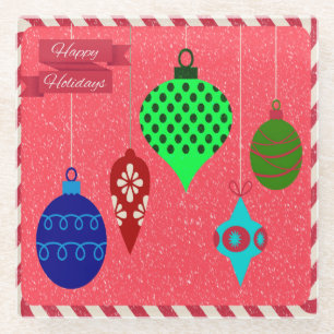 Warmest Holiday Greetings Red Background Snowflake Glass Coaster