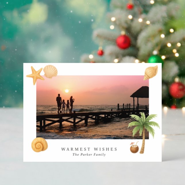 Warmest Wishes Beach Modern Christmas Letterpress Photo Cards (Front (Into))