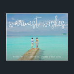 Warmest Wishes Beach Photo Elegant Christmas Holiday Postcard<br><div class="desc">Send out holiday cheer with this nautical themed Christmas postcard featuring a simple design with the words "warmest wishes" in an elegant thin white script,  along with your message over your favorite horizontal beach vacation photo.  The backside has your personal message and your return address for easy mailing.</div>