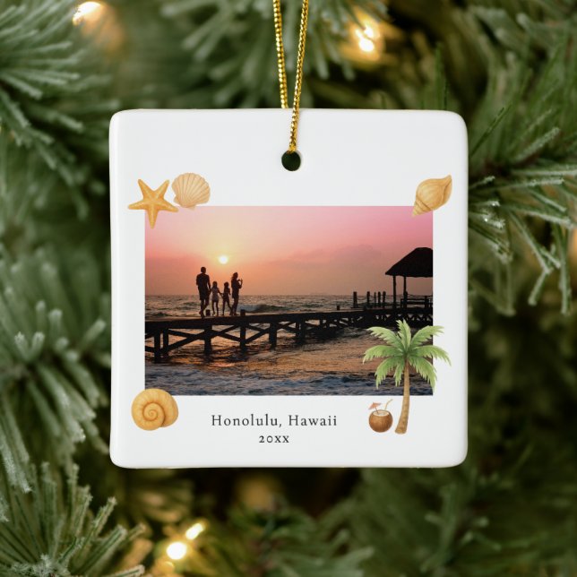Warmest Wishes Beach Photo Modern Christmas Ceramic Ornament (Tree)