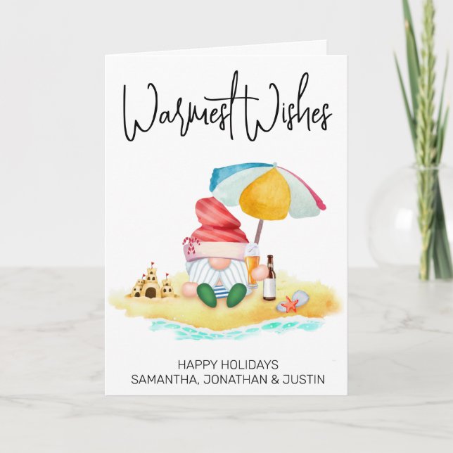 Warmest Wishes Beach tropical Santa Gnome Card (Front)