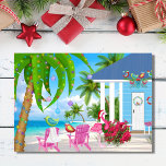 Warmest Wishes Birds and Beach House Christmas Holiday Card<br><div class="desc">This tropical Christmas holiday greeting card features an adorable flock of colorful birds and a pink flamingo wearing a Santa hat. They are enjoying their beautiful beach house on the ocean. Inside Greeting - "Warmest Wishes From our Holiday Paradise to Yours!" - Some graphics by and slslines.etsy.com. Thanks for stopping...</div>