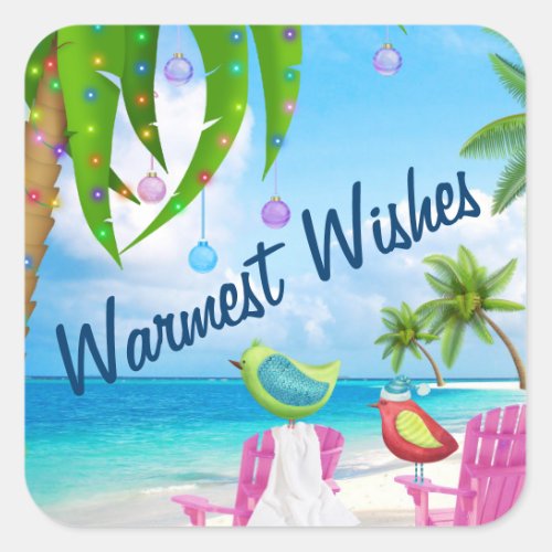 Warmest Wishes Birds and Christmas Palm Tree Beach Square Sticker