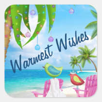 Warmest Wishes Birds and Christmas Palm Tree Beach Square Sticker
