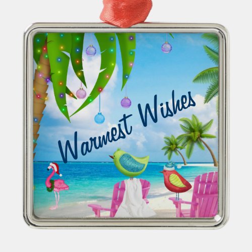 Warmest Wishes Birds Palm Trees Beach Christmas Metal Ornament