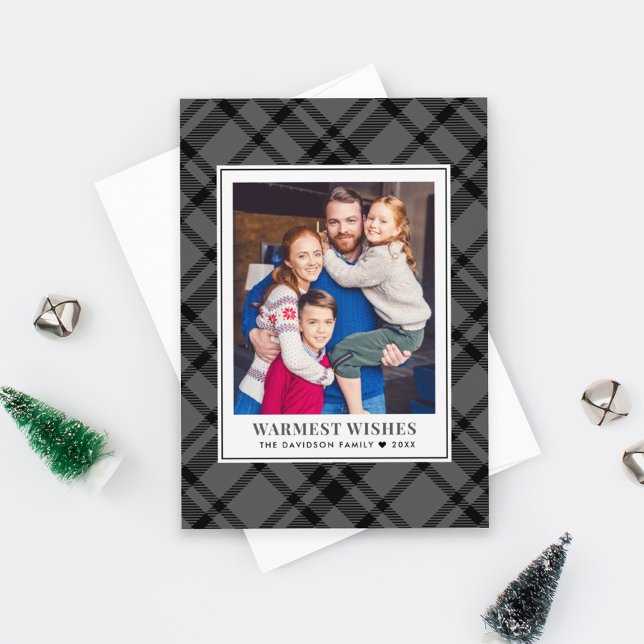 Warmest Wishes Black Plaid Photo Frame Holiday Card (Creator Uploaded)