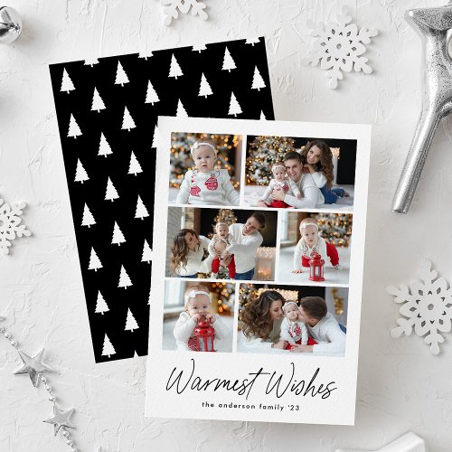 Warmest Wishes Black Script 6 Photo Collage Holiday Card