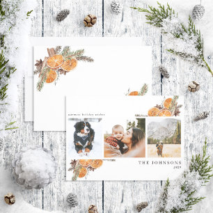 Warmest Wishes Boho Citrus Botanical 3 Photo Holi Holiday Card