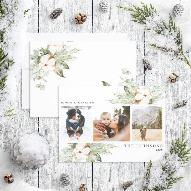Warmest Wishes Cotton Winter Greenery Photo Holida Holiday Card (Creator Uploaded)