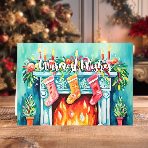 Warmest Wishes Cozy Watercolor Fireplace Christmas Holiday Card