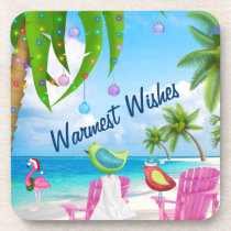 Warmest Wishes Cute Birds Beach Christmas Holiday Beverage Coaster