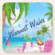 Warmest Wishes Cute Birds Beach Christmas Holiday Square Paper Coaster