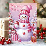 Warmest Wishes Cute Pink Snowman  Holiday Card<br><div class="desc">Send warm holiday greetings with this adorable card featuring a snowman dressed in pink,  surrounded by festive trees and gifts. The "Warmest Wishes" message adds a heartfelt touch,  perfect for spreading joy and cheer to friends and family this holiday season.</div>