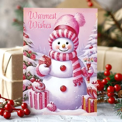 Warmest Wishes Cute Pink Snowman Holiday Card