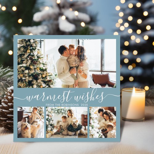 Warmest Wishes Elegant 4 Photo Collage Christmas Holiday Card