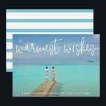 Warmest Wishes Elegant Beach Photo Christmas Holiday Card<br><div class="desc">Send out holiday cheer with this nautical themed flat Christmas card featuring a simple design with the words "warmest wishes" in an elegant thin white script,  along with your message over your favorite horizontal beach vacation photo.  The backside has aqua and white stripes.</div>