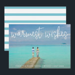 Warmest Wishes Elegant Beach Photo Christmas Holiday Card<br><div class="desc">Send out holiday cheer with this nautical themed flat Christmas card featuring a simple design with the words "warmest wishes" in an elegant thin white script,  along with your message over your favorite horizontal beach vacation photo.  The backside has aqua and white stripes.</div>
