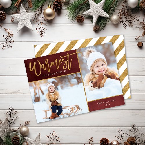 Warmest Wishes Faux Gold Foil 2 Photo Holiday Card
