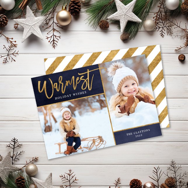 Warmest Wishes Faux Gold Foil 2 Photo Holiday Card (Creator Uploaded)